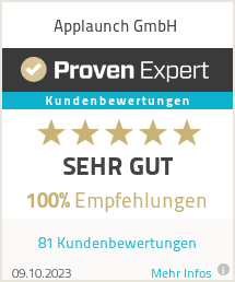 Proven Expert Rating - Applaunch, 100% Weiterempfehlung